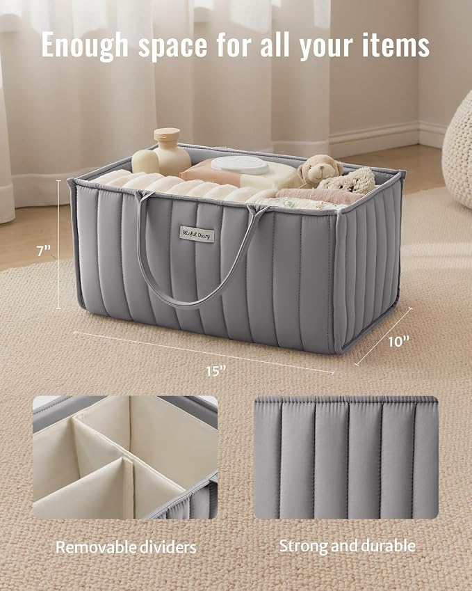Blissful Diary Baby Diaper Caddy Organizer, Stylish Storage Basket for Newborn Essentials and Diaper Station, Gift for Baby Shower and Registry Must-Have, Light Gray