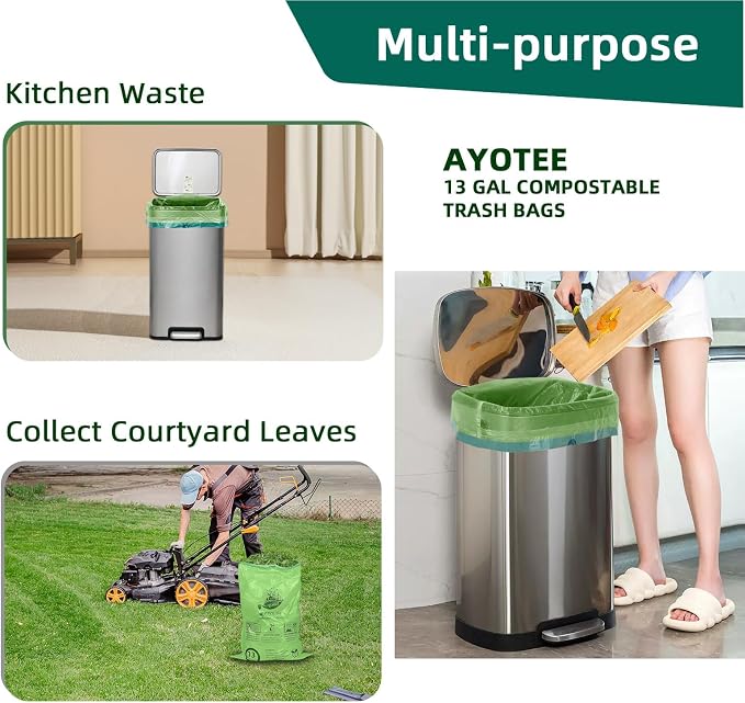 13 Gallon 200 Count Compostable Trash Bags with Home | Multi-scenario usage, Compostable,Large capacity,ASTM D6400,US BPI and Europe OK Compost Home Certified