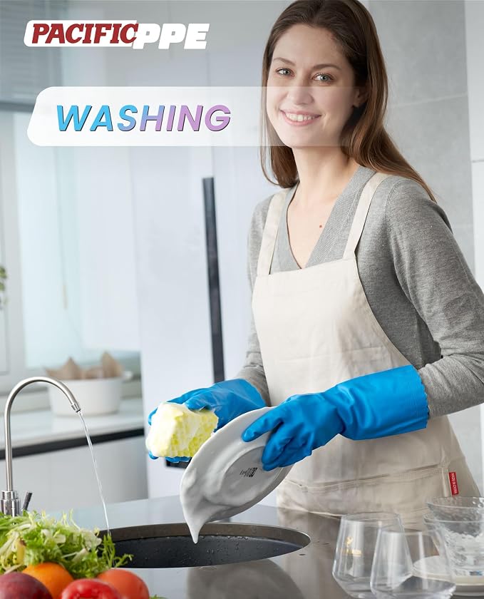 2 Pairs Cleaning Gloves, Cotton Liner, Purple+Blue, Large | Waterproof dishwashing gloves with non-slip grip, Latex-Free, flexible fit for kitchen, bathroom, laundry & cleaning