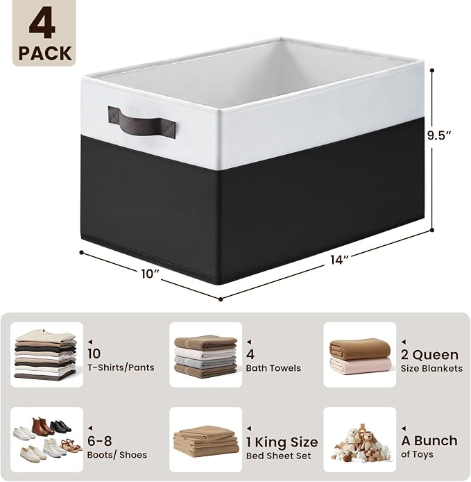 Large Storage Bins for Shelves 4 Pack, Closet Storage Baskets for Clothes Blanket Beddings Towels, Collapsible Fabric Closet Organizer Bins with Handles/ Laundry Room Organization