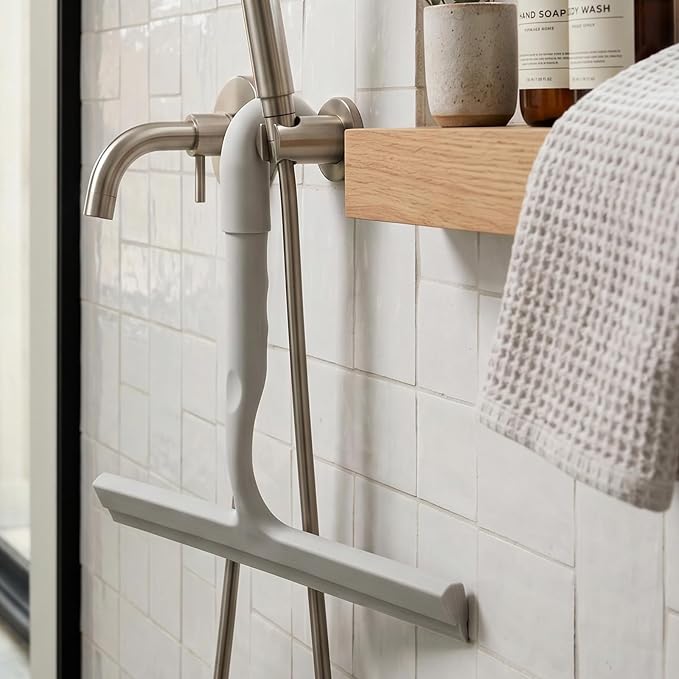 Shower Squeegee for Glass Doors, 8-Inch Silicone, Fishtail Type Hook, Grey | One-piece Silicone, Fishtail Hook, Non-slip Grip and Quiet Glide for Shower Glass, Tile, Mirrors, Windows and Car Glass