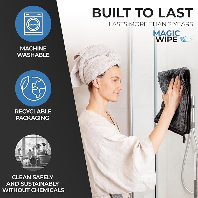 MagicWipe® Bathroom Drying Cloth, 1-40 x 60 cm & 2-30 x 40 Microfibre Cleaning Cloth - Streak & Lint Free Cloth, Premium Quality Drying Towel for Bathrooms, Kitchen, Mirrors (3, Multiplesize Black)