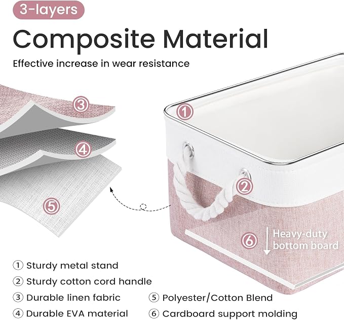 13.8x9.8x6.7 Inch Fabric Small Storage Bins with Handles 6 Pack | Foldable Storage Basket, Sturdy Metal Strand, Cardboard Support Molding, Small Baskets for Organizing, Shelves, White/Pink