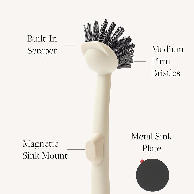 Earth & Mango Magnetic Dish Brush & Scraper, Snaps to Sink, Warm Sand Beige