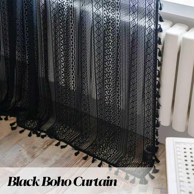 Sutuo Home Black Boho Curtain 84 Inches Length, Sheer Crochet Lace Handmade Tassels Knitted Window Treatment Vintage Rustic Bohemian Farmhouse Drape for Bedroom Rod Pocket 1 Panel 59" W x 84" L