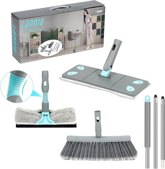 3-in-1 Detachable Broom and Mop Set Combo, Grey | Collapsible Design, Extension Pole, Window Squeegee, For House, RV Camping, Home, Dorm