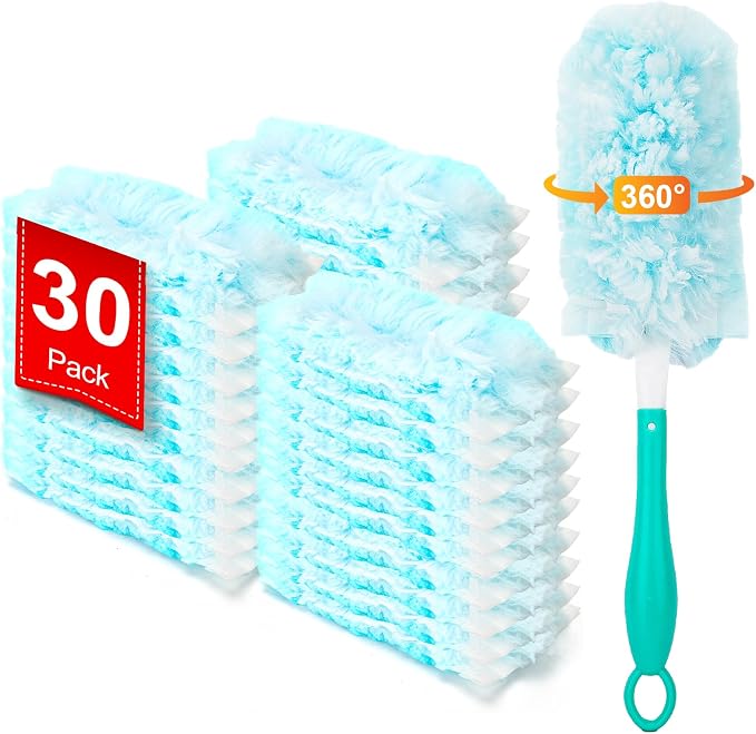 KeFanta 360° Heavy Duty Duster Refills for Swiffer Duster, 30 Count | MultiSurface 360° Duster Refills with1 Handle, 4X Microfibers, Disposable Dusters for Cleaning Home Blinds Fans Corners