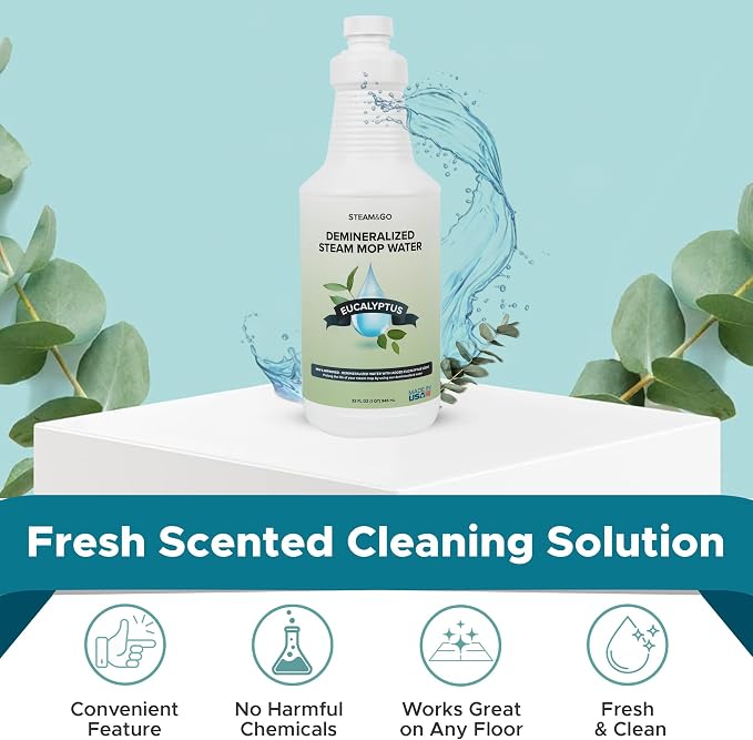Steam & Go Demineralized Water for Steam Mop – Eucalyptus Mint Scent, 32 oz | Scented Floor Cleaner Solution, Ready-to-Use, Compatible with Any Steam Cleaner