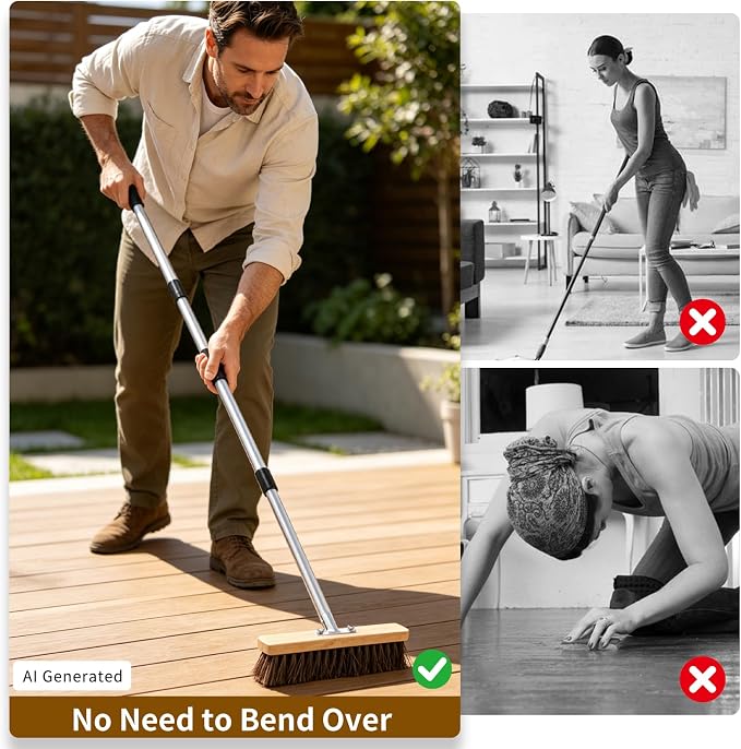Heavy Duty Deck Brush with Long Handle, 54" Adjustable Stainless Steel Handle, Stiff Natural Palmyra Bristles, Outdoor Scrub Brush for Concrete Patio Garage Tile Floor Sidewalk Cleaning