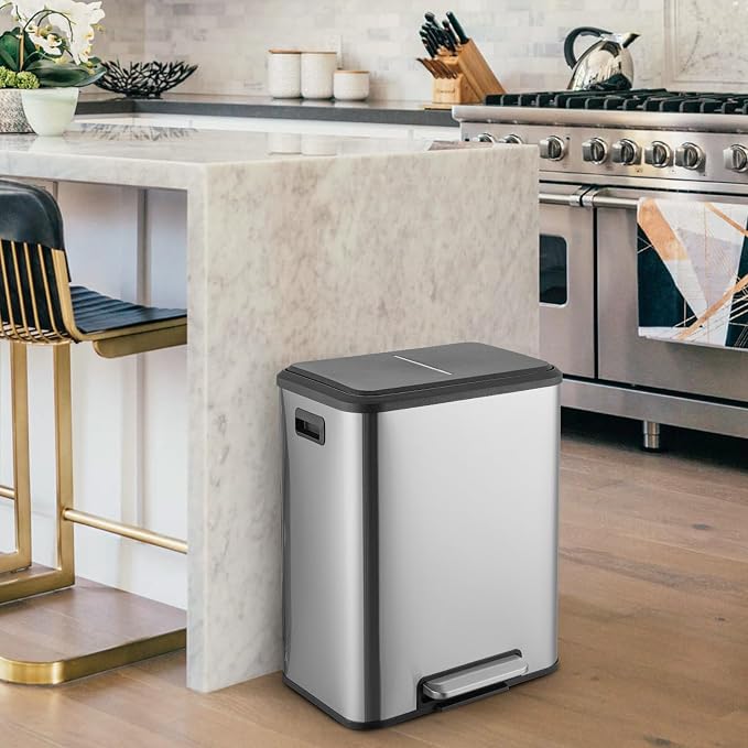 IDEALHOUSE 2 x 4 Gal (2 x 15L) Kitchen Dual Trash Can, 30 Liter Stainless Steel Recycling Bin, Removable Inner Bin and Soft Close Lid, Garbage Can for Home, Office, Business - Silver