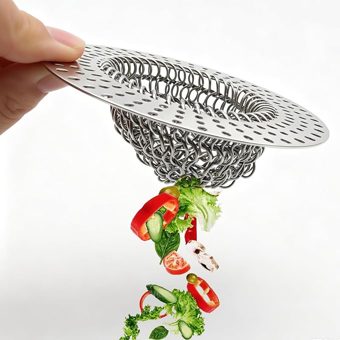 MAISHI 304 Stainless Steel Kitchen Sink Drain Strainer with Cleaning Brush, Flexible Mesh Sink Plug & Self-Cleaning Drain Basket, Reversible Anti-Clogging Kitchen Strainer for Sink (4.25 Inch)