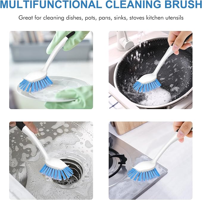 SetSail Dish Brush with Handle, 2 Pack Stiff Bristles Dish Scrubber with Built-in Scraper Dish Scrub Brushes for Cleaning Dishes, Pots and Pans, Kitchen Sink | Built-In Scraper Tip, Non-Slip Rubber Handle, Hanging Loop for Storage Deep Cleaning for Dis...