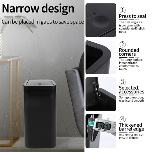 4 Gallon (15L) Slim Dog-Proof Trash Can with Press Pop-Up Lid - Odor-Blocking Small Garbage Can Includes 75 Trash Bags, Space-Saving Design for Bedroom, Kitchen, Bathroom & Office