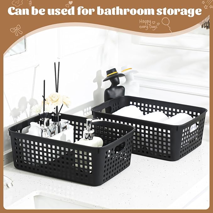 Lineshading 12 Pack Plastic Storage Baskets for Organizing, Black | 13 x 10'' Large Plastic Storage Baskets Bins with Grip Handles, Stackable Mesh for Cabinets, Desktops, Shelves, Home & Office