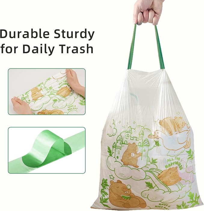 4 Gallon Trash Bags, Small Garbage Bags with Drawstring and Printed Design, Tear-Free, Leakproof & Durable Small Trash Bags for Bathroom, Office, 50 Count