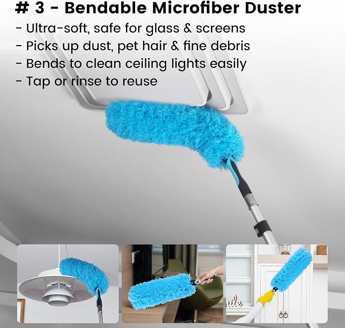 Ceiling Fan Duster Kit with 24 FT Telescoping Pole – 6-Piece Set – Screw-On Cobweb Duster & Squeegee Heads – Washable Bendable – 3/4" Universal Fit – House Cleaning Kit, Blue