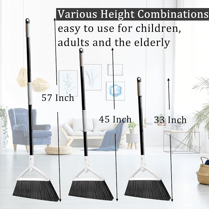 Heavy Duty White Angle Broom with Long Handle - 3 Pack | Versatile Indoor/Outdoor Sweeping, for Courtyard/Garage/Sidewalk/Kitchen/Lobby/Canteen, Durable & Efficient
