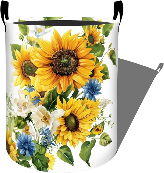 Vibrant Sunflower and Blue Daisy Laundry Basket with Handles, 19.7"x15.7" Clothes Foldable Laundry Hamper Organizer for Dorm Nursery Bedroom Bathroom Decor, Toy Storage Bin for Kids
