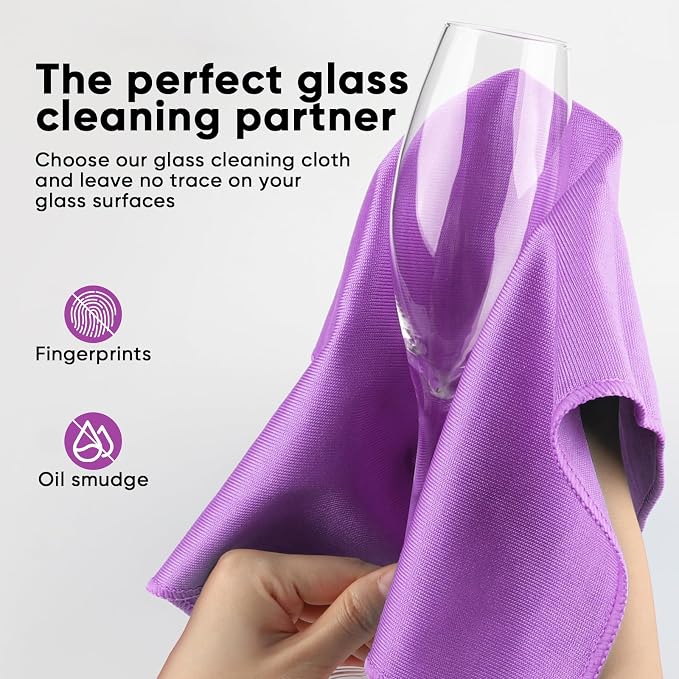 HOMEXCEL Glass Cleaning Cloths 12PK, Streak Free Towel for Windows, 12x12in | Lint Free&Reusable Microfiber Cleaning Cloth for Mirrors, Screens, Glasses, Stainless Steel, Purple