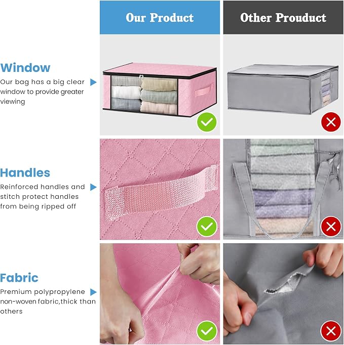 HomeHacks 6-Pack Clothes Organizer Storage Bags, 35L Storage Bins, Pink | Foldable Storage Box Container with Zippers, Clear Window, Reinforced Handles for Closet, Dorm, Pillows, Bedding, Sweater