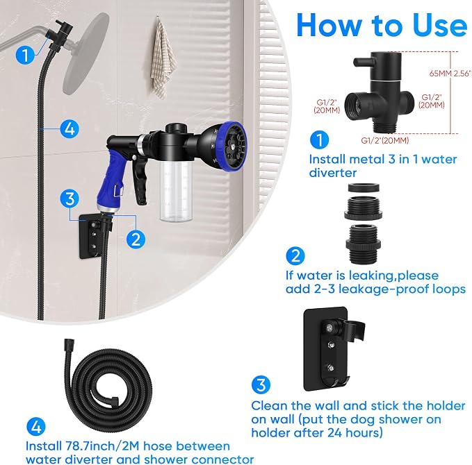 Dog Shower Attachment Water Hose Nozzle Sprayer Set | with Metal 3-Way Diverter & 6.6 Ft Long Hose, Tub Faucet for Shower Arm Easy Faucet Pup Pet Bathing Sprayer Washer Kit