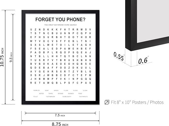 Poster Master 2-Piece Forget Your Phone Print - The Great Bathroom Word & Way Search Poster - Guest Bath Decor - Black & White Design - Powder Room Decor - Fun Restroom Sign - 8x10 Black Framed