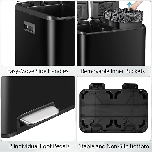 SUPER DEAL Kitchen Trash Can, 16 Gallon 60L Dual Garbage and Recycling Can with Foot Pedal for Kitchen, Living Room, Office, Removable Inner Buckets Soft Close Lid Odor Proof, Stainless Steel, Black