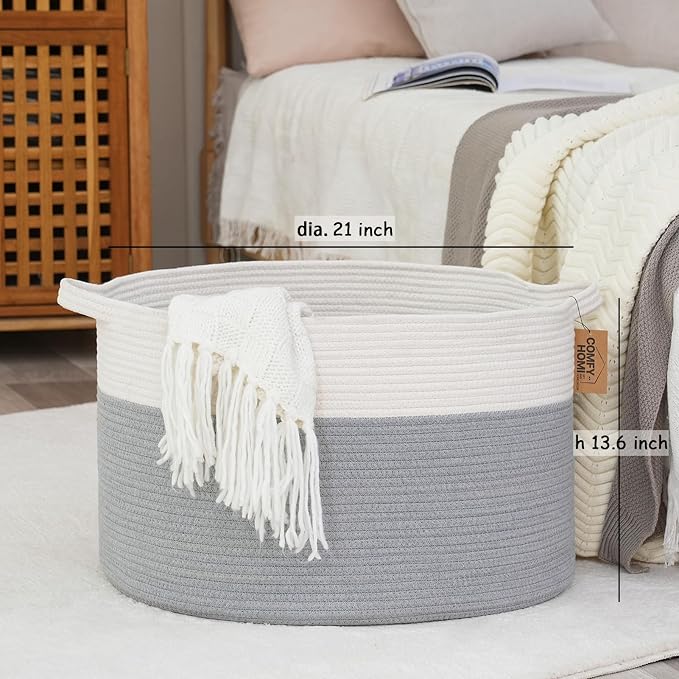 COMFY-HOMI XXXL Large Laundry Basket, Cotton Rope Nursery Woven Basket for Storage, Blanket Baskets Living Room Laundry Hamper, Dog Toy Storage Organizer, Home Decor-21''x21''x13.6''-White/Grey