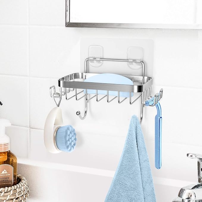 ODesign Soap Holder for Shower Wall Stainless Steel with 6 Hooks -Silver | Loofah, sponge, and razor holder, adhesive wall-mounted, no drilling, removable for cleaning, for kitchens and bathrooms