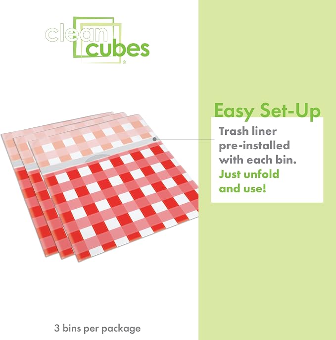 Clean Cubes 13 Gallon Disposable Pop-Up Trash Cans, 3-Pack (Picnic) | Extra Trash Space for Parties and Events, No Assembly Required, Built-In Liner, Wire-Reinforced Opening Stays Fully Open