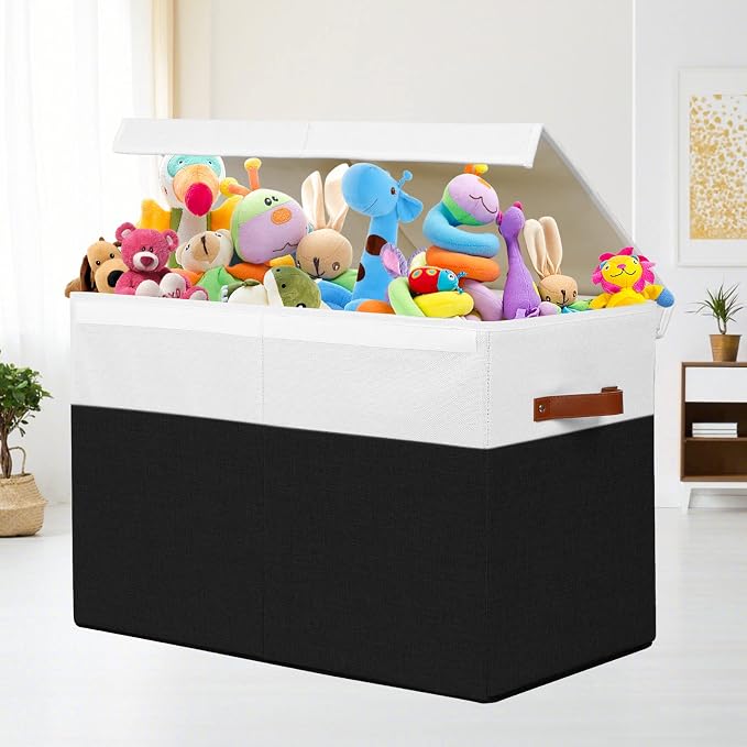 Large Toy Storage Box with Lid, Toy Chest Bin Boxes Basket with Dividers | Sturdy Toy Organizer Bin for Kids, Boys, Girls, Nursery, Living Room, Bedroom, Playroom 25"x13" x16" (Black and White)