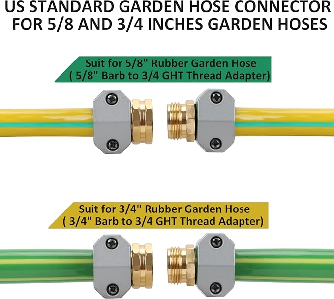 STYDDI Garden Hose Repair Connector Fitting, Aluminum Mender Female and Male Hose End Connector with Zinc Clamp, Fit 5/8-Inch and 3/4-Inch Garden Hose, 3 Sets
