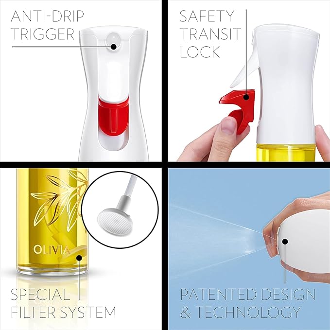 FLAIROSOL OLIVIA. The Original Advanced Oil Sprayer for Cooking, Salads, BBQs and More, Continuous Spray with Portion Control, Trusted by Chefs. Patented Technology. (Glass Bottle) (Golden Leaves) | Portion control mist for air fryer, salad, BBQ, refil...