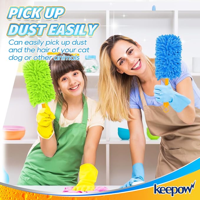 KEEPOW 4Pk Duster Refills Compatible with Swiffer, 360° Microfiber Refill | Reusable Microfiber Dusters in Blue, Yellow, Orange & Green, 360° Heavy Duty Refills Compatible with Swiffer, 4 Pack