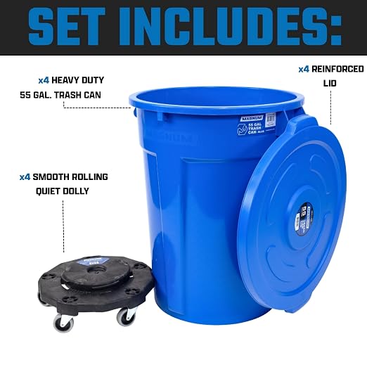 Magnum Blue 55 Gallon Trash Can Set (Trash Can, Quiet Dolly, and Reinforced Lid), Construction Grade, Jobsite Ready for Handling and Rolling Garbage CMTC-CLD0-55B04 (4 Set)
