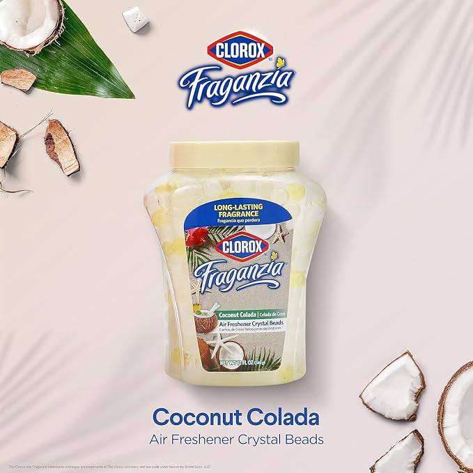 Clorox Fraganzia Crystal Beads Air Freshener, Coconut Colada, 12 Oz, 12-Pk | Gel bead formula, long-lasting scent, no spray or mess, home car and office use