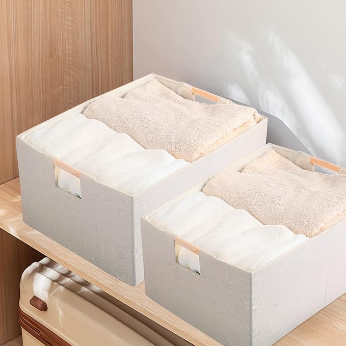 Fabric Storage Box, 13x9in Foldable Cotton Linen Basket with Wooden Handle | Small Rectangular Cube Decorative Home Laundry Organizer Clothes Blanket Container Organizing Clothes Sheets Jeans, Beige