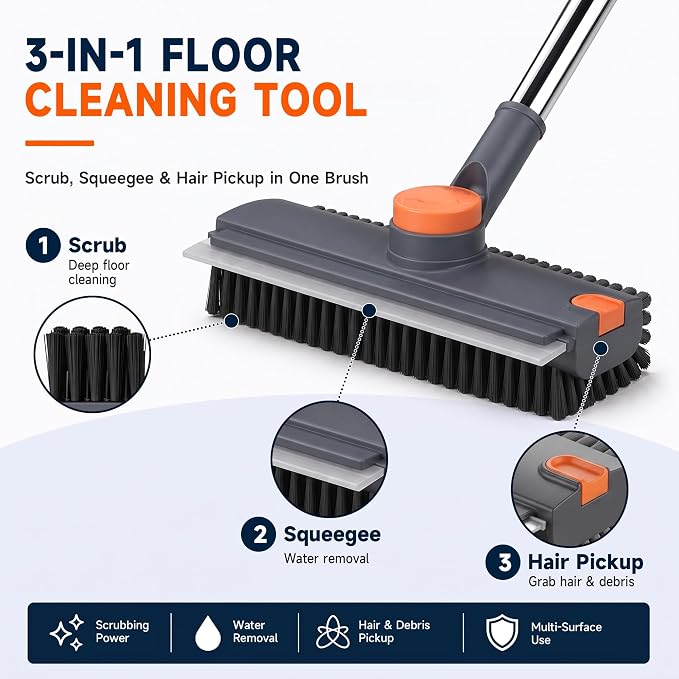 Floor Scrub Brush with Long Handle, 3-in-1 with Squeegee & Stiff Bristles | Heavy-Duty V-Shaped Bristles, 30–50 in Adjustable Handle, 360° Rotating Head & Built-In Hair Picker for Tile, Grout & Showers