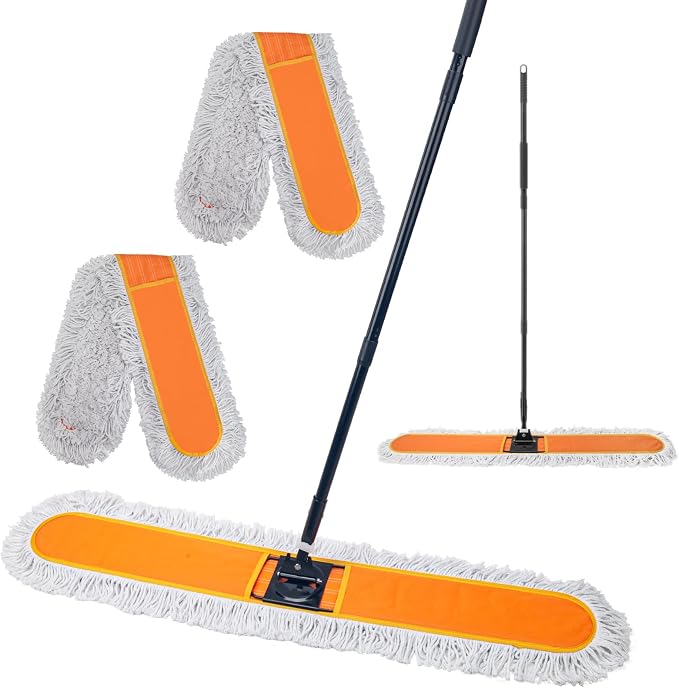 48" Commercial Dust Mop, Heavy Duty Floor Duster with 60" Long Handle | Industrial Wet Dry Sweeper Mop with 2 Reusable Mop Pads for Janitor Indoor Warehouse Gym Hotel Clean