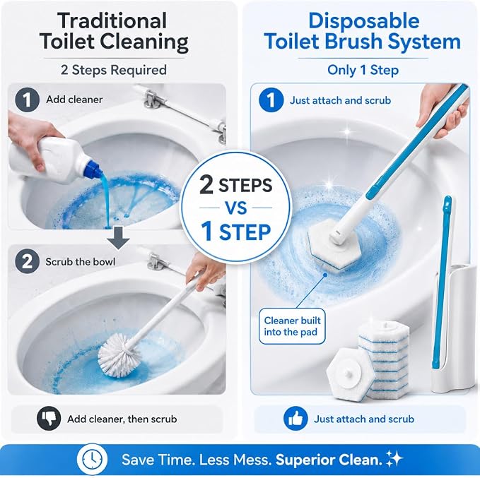 Msvvko Toilet Wand, Disposable Toilet Brush and Holder Set, 30 Refills | Toilet Cleaning System with Storage Holder, Durable Wand & Disposable Heads for Rich Foam Cleaning of Toilets, Sinks & Glass