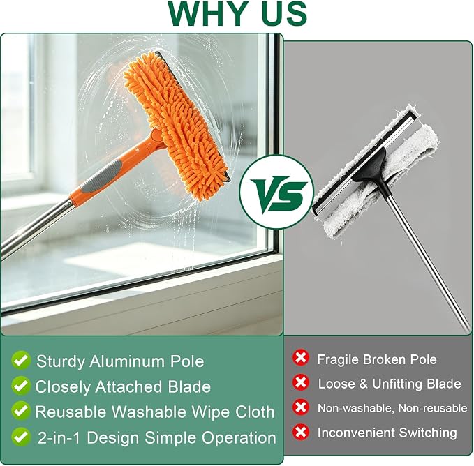 Window Cleaning Kit with 85” Extension Pole & 3 Gallon Collapsible Bucket | 2-in-1 Rotatable Window Cleaner Tool, 14" Squeegee & 15" Scrubber,Window Squeegee with Extension Pole，Window Washing Kit