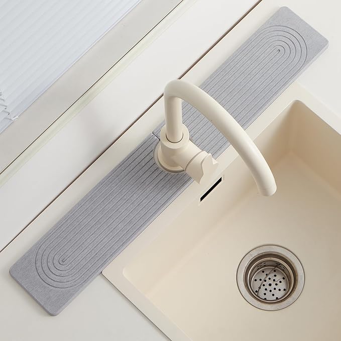 Fast Drying Stone Faucet Mat for Kitchen Sink with Raised Feet | Sink Splash Guard Water Absorbing Stone Tray for Sink, Counter Protector Matt for Kitchen & Bathroom