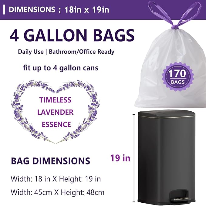 4 Gallon Trash Bags Lavender Scented 1.2Mil Small Drawstring Bag 170 Ct | Wastebasket Mini Garbage Bags, Febreze Beachside Breeze Odor Resistant Kitchen Trash Can Liners for Bathroom, Bedroom, Office
