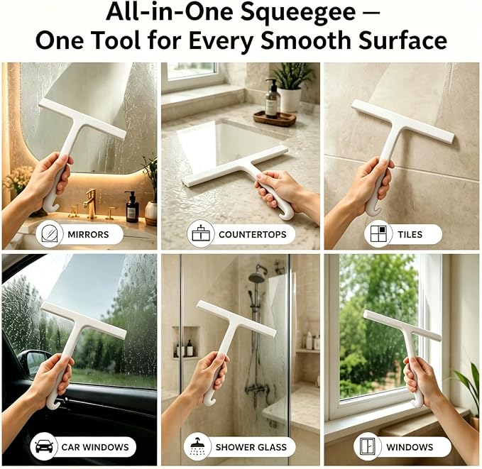 Shower Squeegee for Glass Doors: Streak-Free Silicone, 8.27 inch | One Swipe Silicone Blade, Built-in Hook for Easy Hanging, Versatile for Bathroom Mirror & Car Window (Classic White)