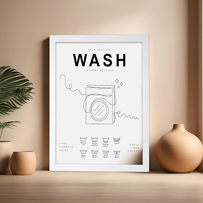 Poster Master 3-Piece Wash Dry Fold Print - Laundry Poster - Line Drawing Art - Black & White Design - Symbols & Guide Art - Minimal Laundry Room Decor - 16x20 White Framed