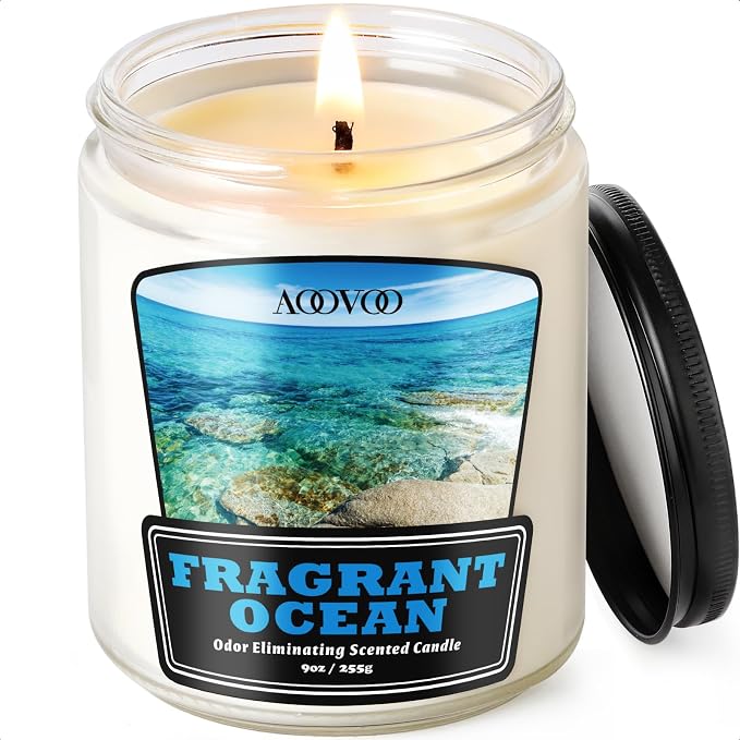 AOOVOO Fragrant Ocean Odor Eliminating Candle - 9 oz Non Toxic Soy Candle | Eliminates 95% of Smoke, Food, Pet and Other Smells Quickly, Up to 50 Hours Burn time, Highly Fragranced Air Freshing Candle