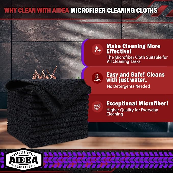 AIDEA Microfiber Cleaning Cloth Black 50PK, Cleaning Rags 12×12" | Microfiber Towels for Cars, Dusting Cloth Lint Free Microfiber Rags, Cleaning Towels for SUVs, House, Kitchen, Workshops
