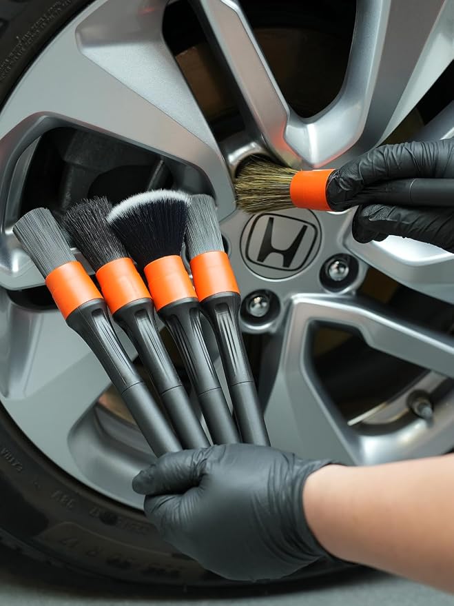 Car Drill Brush, Drill Brush Attachment SPTA 5Pcs Detachable Car Care Detailing Brush Set Soft No Scratch Boar Hair Detail Brush Car Care Detail Brush for Air Vent Automotive Interior Exterior -DF075