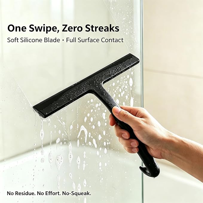 Shower Squeegee for Glass Doors: Streak-Free Silicone, 8.27 inch | One Swipe Silicone Blade, Built-in Hook for Easy Hanging, Versatile for Bathroom Mirror & Car Window (Classic Black)