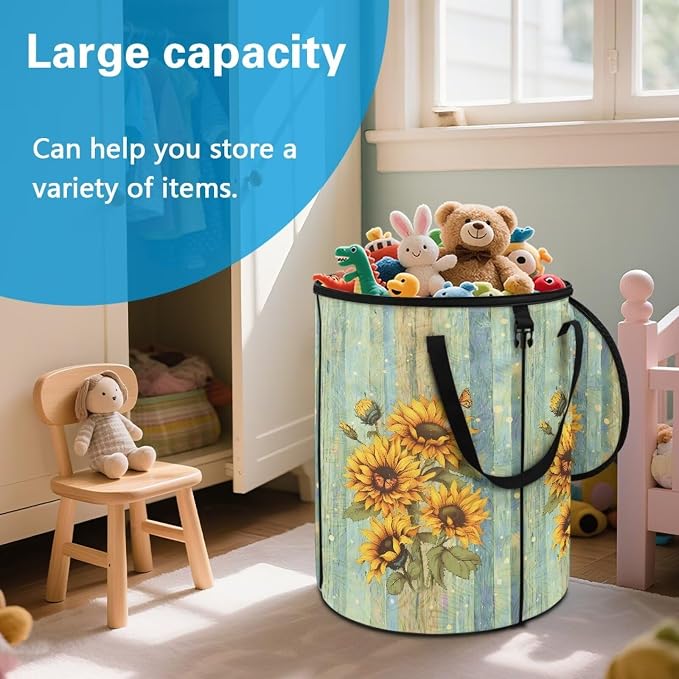 Vintage Sunflower Print 24 Gallon Large Capacity Collapsible Trash Can with Lid and Handles Camping Waster Bag Garden Leaf Bin Laundry Hamper Childrens Toy Bin
